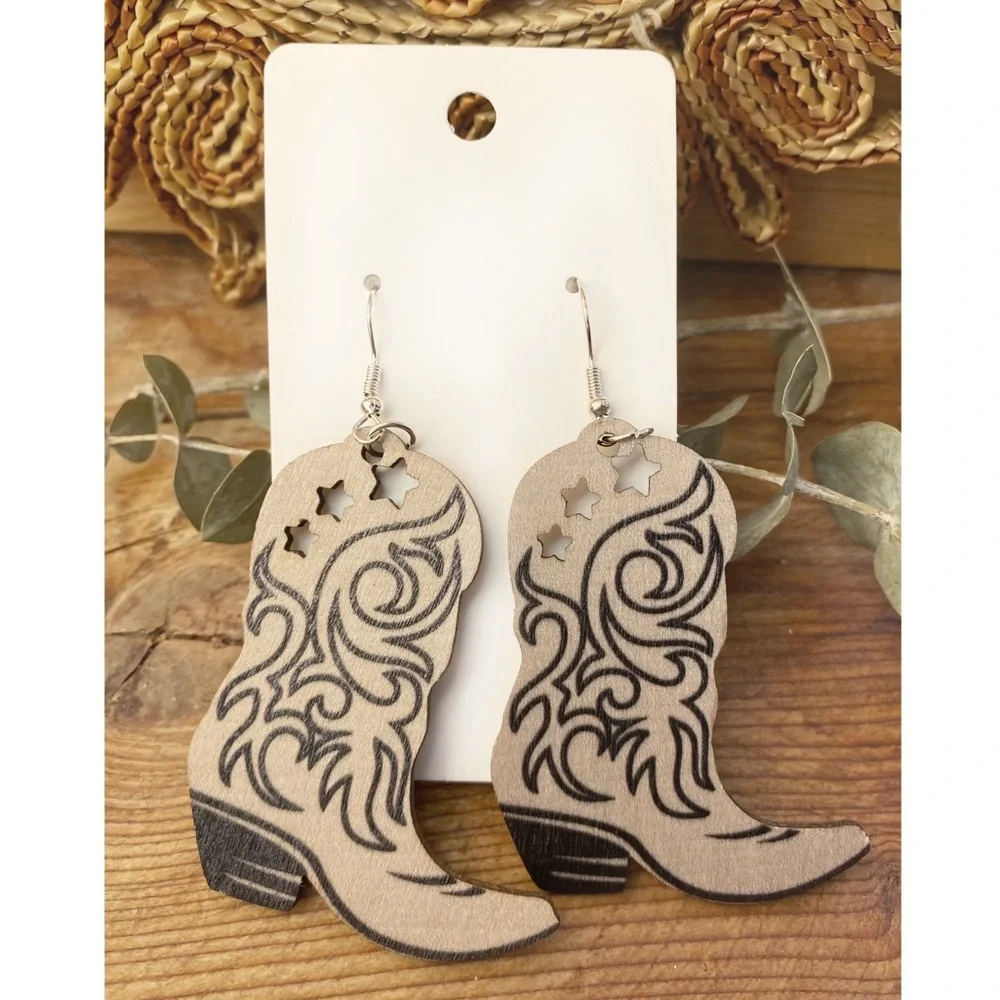 NEW Cowgirl Boots dangle Earrings in Cream + Black - Picture 2 of 2